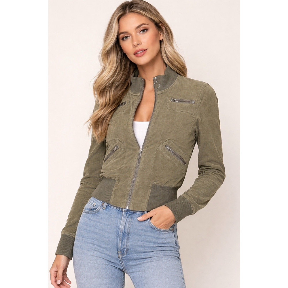 Bebe Olive Green Moto Jacket XS Full Zip Ribbed Trim Utility Style Y2K